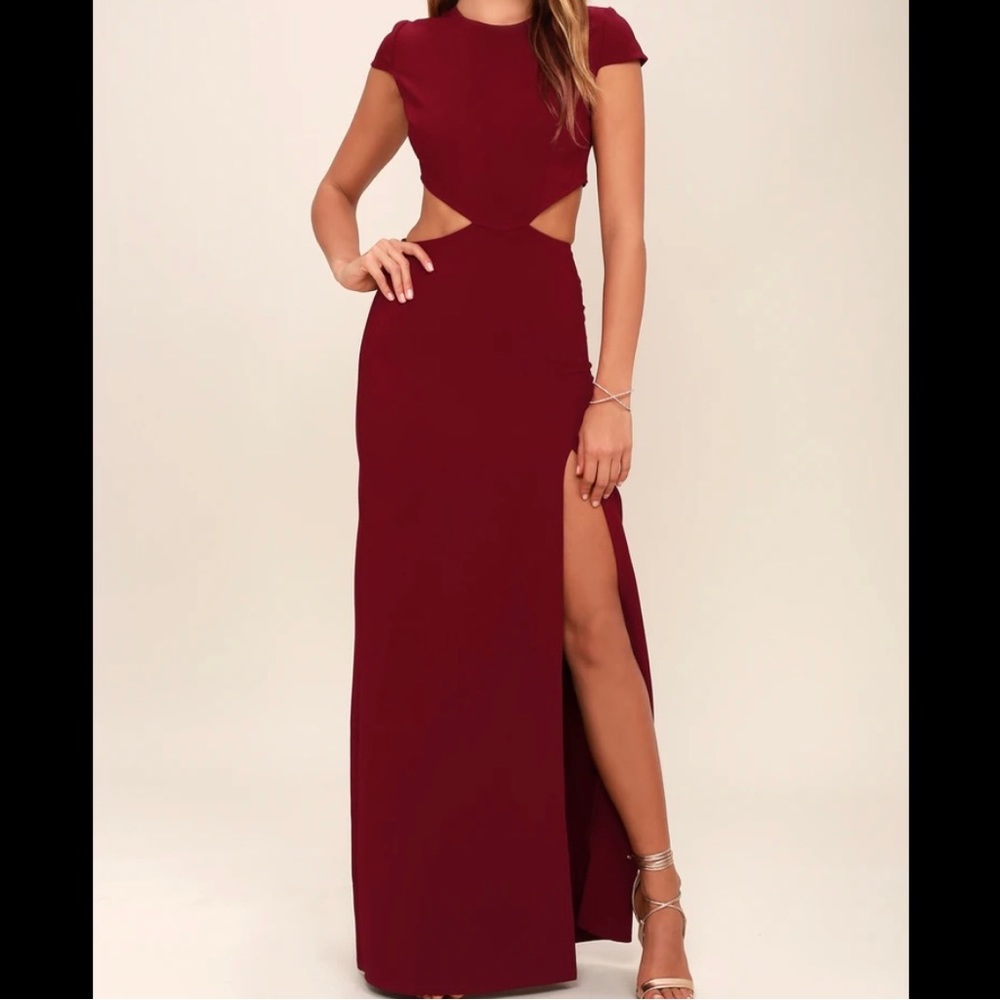 NWT Lulus Conversation Piece Wine Red Backless Maxi Dress